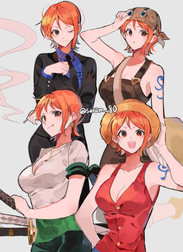 1girl adjusting_goggles arm_tattoo armband bandana black_jacket black_neckwear black_pants black_suit blue_shirt blush breast_hold breasts brown_overalls cigarette cleavage closed_mouth collared_shirt commentary cosplay cowboy_shot dress_shirt earrings english_commentary formal_clothes goggles goggles_on_headwear grey_background hand_on_headwear hand_on_hilt haramaki hat holding holding_cigarette jacket jewelry joman katana licking_lips long_sleeves looking_at_viewer medium_breasts monkey_d._luffy monkey_d._luffy_(cosplay) multiple_views nami_(one_piece) necktie one_eye_closed one_piece open_mouth orange_eyes orange_hair overalls pant_suit pants parted_bangs red_vest roronoa_zoro roronoa_zoro_(cosplay) sanji_(one_piece) sanji_(one_piece)_(cosplay) scabbard sheath sheathed shirt short_hair short_sleeves simple_background sleeveless smile smoke straw_hat striped_clothes striped_shirt suit sword tattoo tongue tongue_out twitter_username usopp usopp_(cosplay) vertical-striped_clothes vertical-striped_shirt vest weapon white_shirt wing_collar