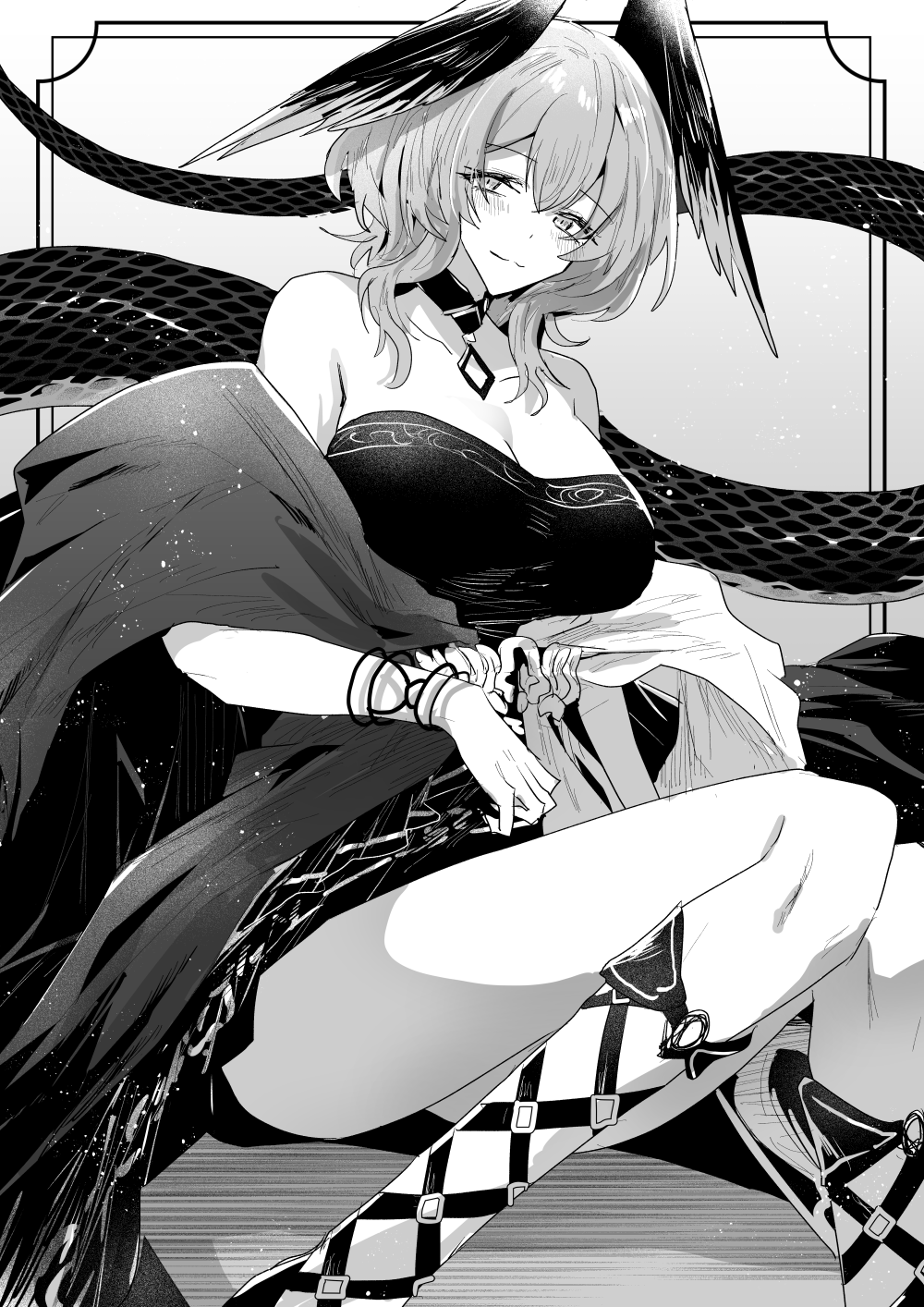 1girl arknights bare_shoulders bracelet breasts collarbone commentary dress greyscale head_wings highres ho&#039;olheyak_(arknights) ho&#039;olheyak_(carriage_of_the_winds_of_time)_(arknights) iwashi_80 jewelry large_breasts medium_hair monochrome official_alternate_costume shawl sitting smile solo strapless strapless_dress symbol-only_commentary tail wings