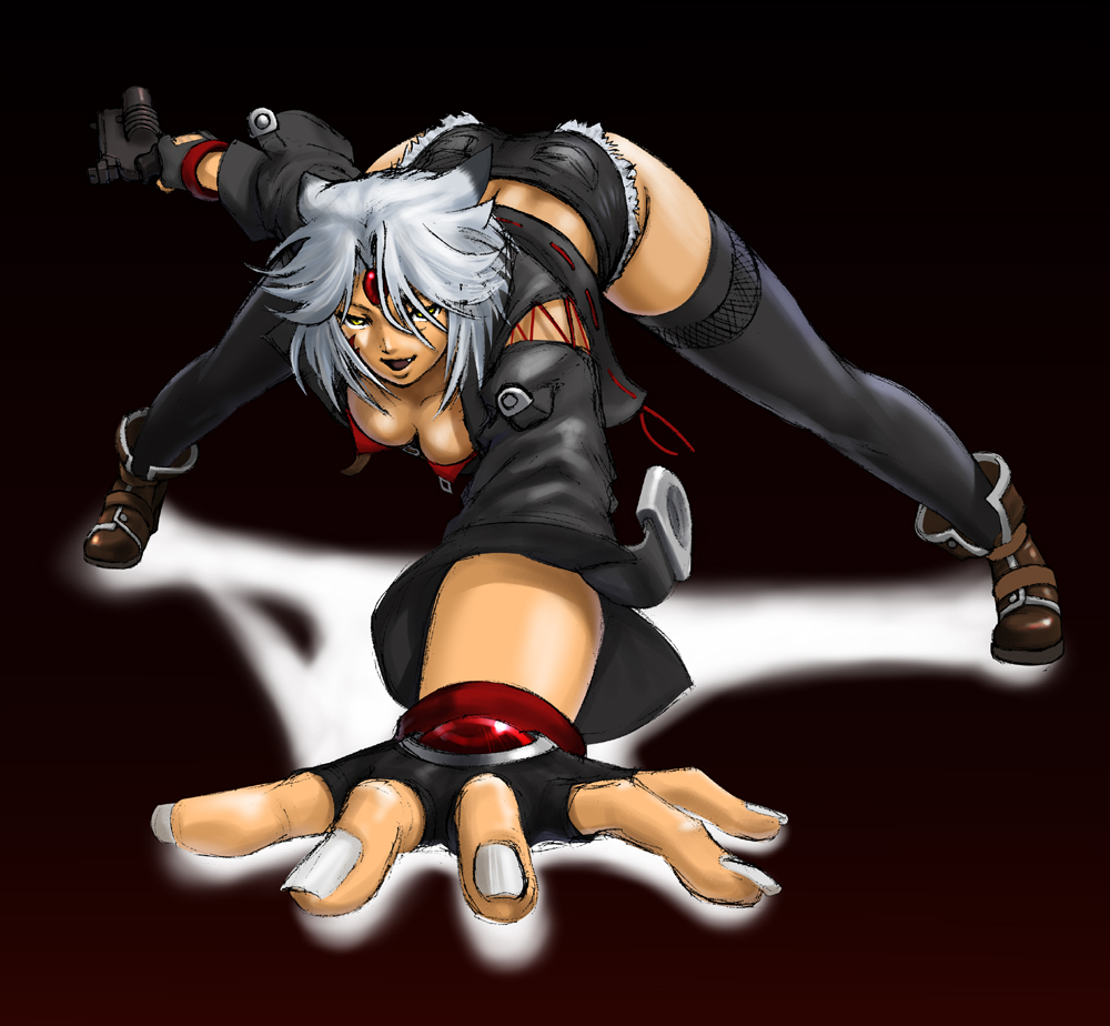 1girl banpresto breasts capcom cleavage female_focus fingerless_gloves forehead_jewel foreshortening gloves gun kazue namco namco_x_capcom saya_(namco_x_capcom) short_hair solo super_robot_wars super_robot_wars_og_saga_mugen_no_frontier thighhighs weapon white_hair yellow_eyes