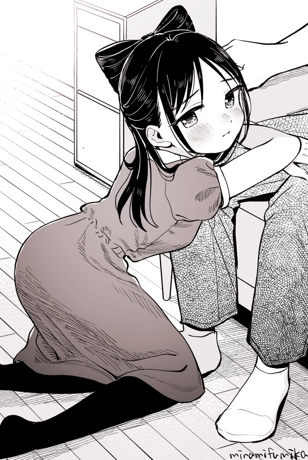 1girl black_bow black_eyes black_hair black_pantyhose blush bow dress grey_dress greyscale hair_bow highres indoors kneeling leaning_forward miyama_(kannsannn) miyao_nemu monochrome pantyhose short_sleeves socks witch_watch
