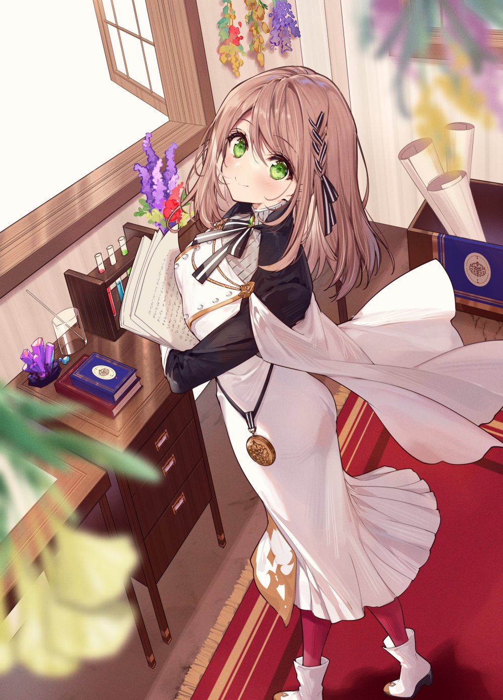 1girl black_madougushi_guild_wo_tsuihousareta_watashi_oukyuu_majutsushi_toshite_hirowareru blurry blurry_foreground book boots braid brown_hair capelet cover cover_page dress from_above green_eyes hair_ribbon high_heel_boots high_heels highres hobble_dress holding holding_paper leaf long_dress long_hair neck_ribbon necomi noel_springfield novel_cover official_art paper red_socks ribbon smile socks solo table test_tube window