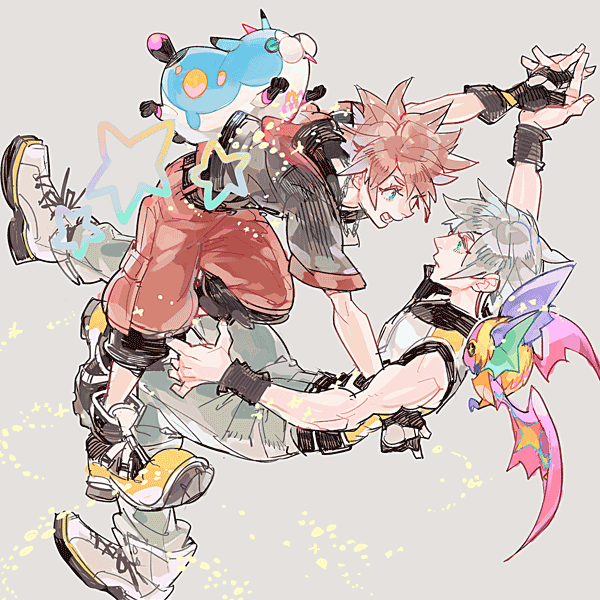 2boys black_gloves black_jacket blue_eyes brown_hair chain chain_necklace creature dream_eater_(kingdom_hearts) expressionless falling fingerless_gloves full_body gloves grey_background grey_hair grey_pants holding_hands hood hood_down hooded_jacket jacket jewelry kingdom_hearts kingdom_hearts_3d:_dream_drop_distance koumori_bat male_focus multiple_boys necklace open_mouth pants pendant puffy_pants red_pants riku_(kingdom_hearts) robert_(robahato) shoes short_hair short_sleeves smile sora_(kingdom_hearts) sparkle spiked_hair star_(symbol) vest white_footwear wondernyan_(kingdom_hearts) yellow_shoes