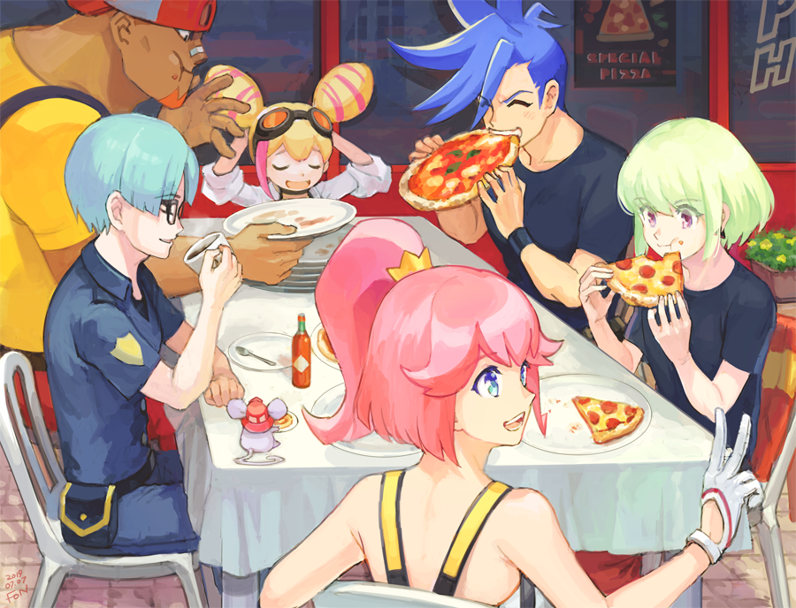 2girls 4boys aina_ardebit backwards_hat black_shirt blonde_hair blue_eyes blue_hair chair closed_eyes dark-skinned_male dark_skin drinking eating empty_plate fon-due_(fonfon) food food_on_face fork galo_thymos glasses gloves goggles goggles_on_head green_hair hat holding holding_food holding_pizza lio_fotia lucia_fex multiple_boys multiple_girls pink_hair pizza pizza_slice plant police police_uniform ponytail poster_(object) potted_plant promare purple_eyes remi_puguna shirt sitting steam t-shirt tabasco tablecloth varys_truss vinny_(promare) white_gloves