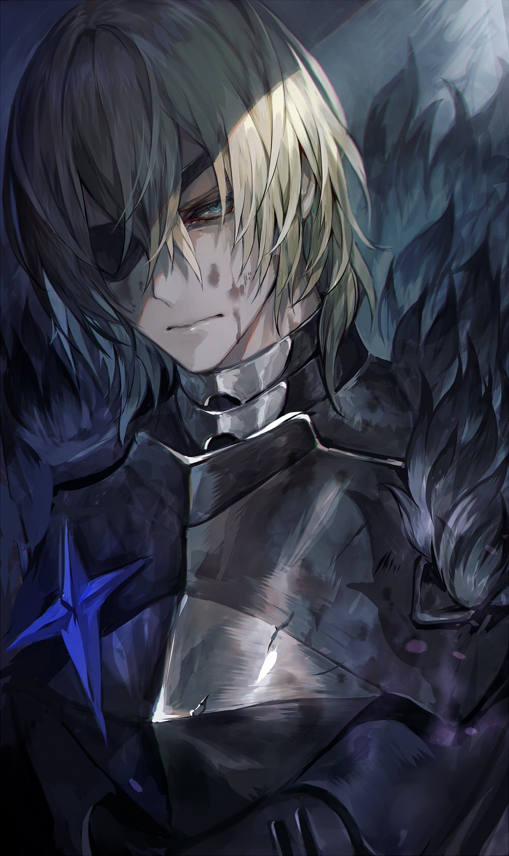 1boy armor bags_under_eyes black_armor black_fur blonde_hair blood blood_on_face blue_eyes breastplate closed_mouth commentary dimitri_alexandre_blaiddyd dimitri_alexandre_blaiddyd_(timeskip) dried_blood eyepatch fire_emblem fire_emblem:_three_houses fur_trim glaring hair_behind_ear hair_between_eyes highres looking_at_viewer male_focus nintendo one_eye_covered senano-yu solo upper_body