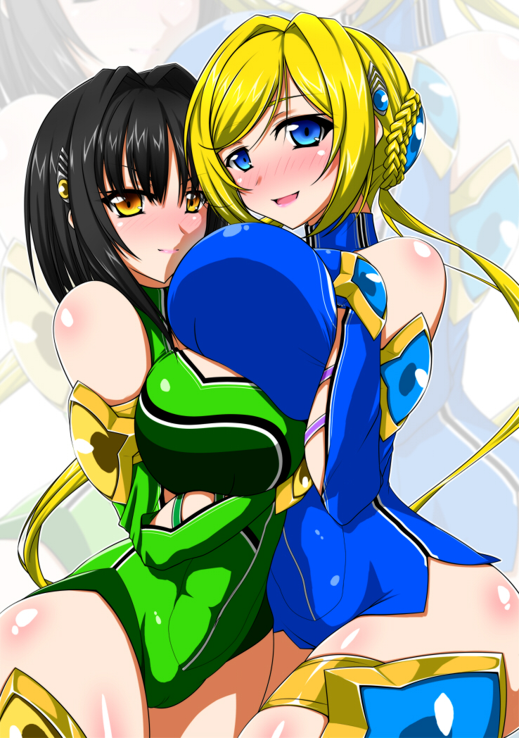 2girls arm_up artist_request banpresto bare_shoulders black_hair blonde_hair blue_eyes blush breast_press breast_suppress breasts gloves katia_grineal large_breasts long_hair melua_melna_meia multiple_girls short_hair smile super_robot_wars super_robot_wars_judgement super_robot_wars_original_generation symmetrical_docking thighhighs twintails yellow_eyes