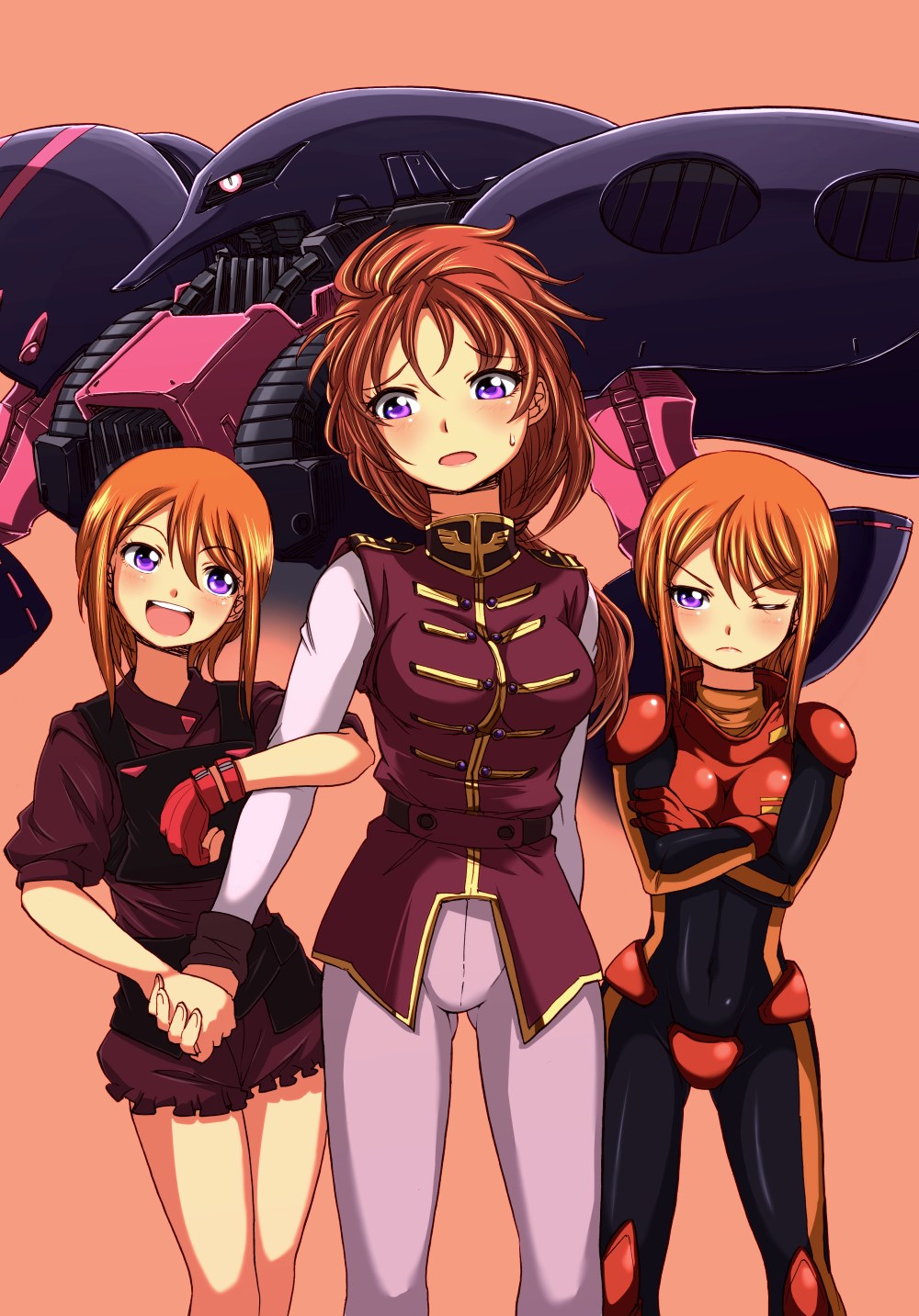3girls bodysuit crossed_arms elpeo_puru gundam gundam_unicorn gundam_zz highres holding_hands marida_cruz mecha military_uniform multiple_girls purple_eyes puru_two qubeley_mk_ii robot siblings sisters zatou_(kirsakizato)