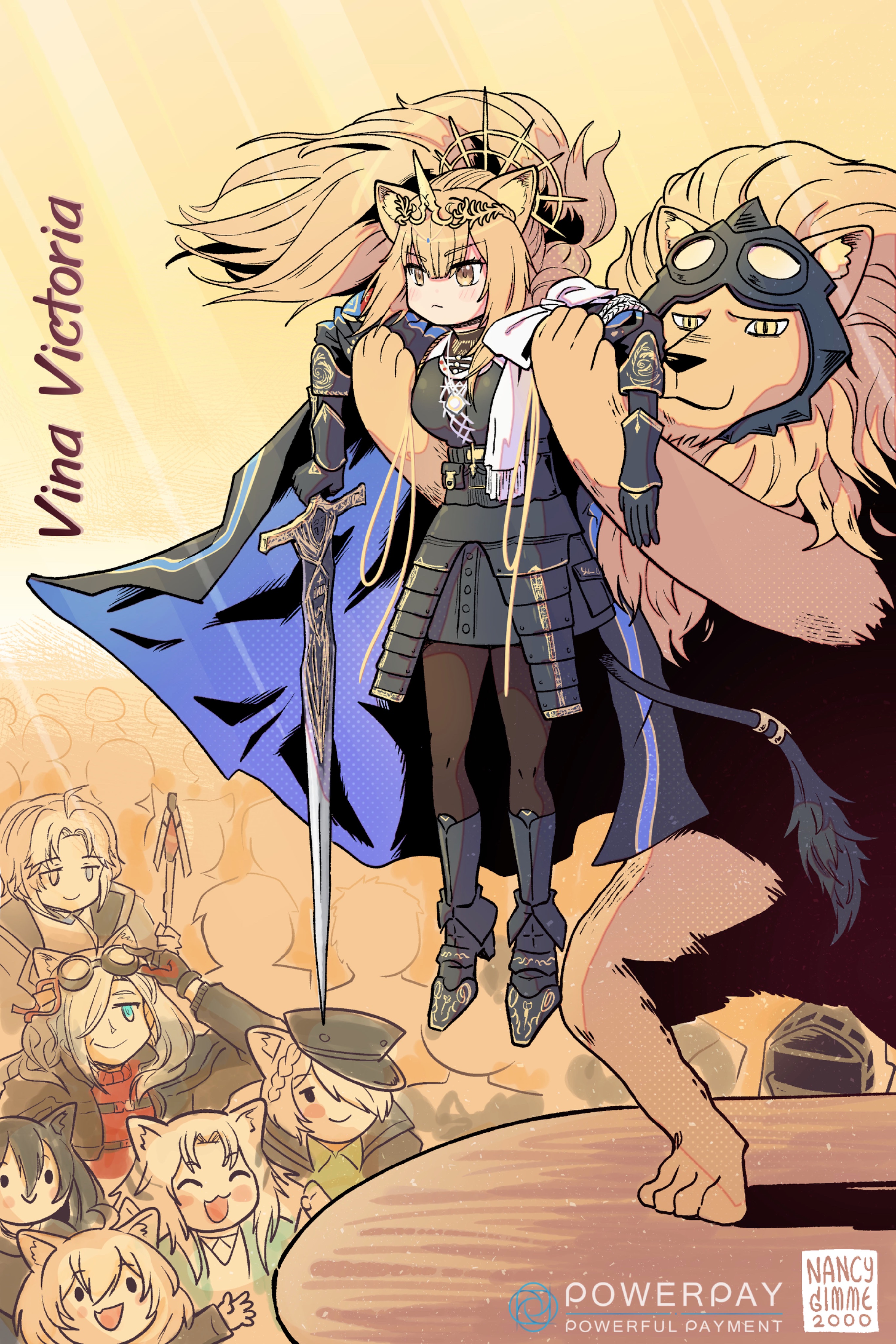 1boy 1other 6+girls absurdres animal_ears arknights armor artist_name black_boots black_dress black_pantyhose blonde_hair blue_cape blush bobbing_(arknights) boots breasts cape catherine_(arknights) character_name commentary commission dagda_(arknights) delphine_(arknights) doctor_(arknights) dress english_commentary full_body gawain_(arknights) gimme2000 gloves green_eyes highres holding holding_sword holding_weapon indra_(arknights) lifting_person lion lion_ears lion_girl lion_tail long_hair medium_breasts meme morgan_(arknights) multiple_girls pantyhose ponytail rafiki_holding_simba_(meme) sidelocks siege_(arknights) solo_focus sword tail tiara vina_victoria_(arknights) weapon