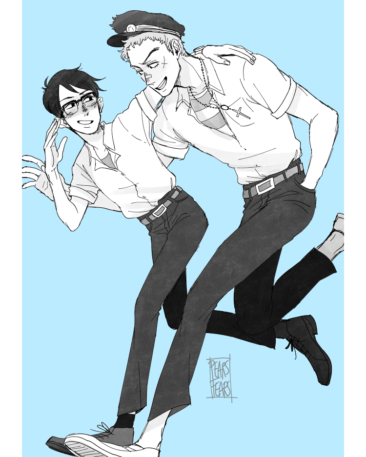 2boys arm_around_neck bandaid bandaid_on_face bandaid_on_nose blue_background cross_scar eye_contact facial_scar feet_up full_body glasses greyscale_with_colored_background hand_in_pocket hat kawabuchi_sentarou looking_at_another male_focus military_hat monochrome multiple_boys nishimi_kaoru pearsfears rosary running sakamichi_no_apollon scar scar_on_cheek scar_on_face shirt short_hair side-by-side simple_background smile striped_clothes striped_shirt
