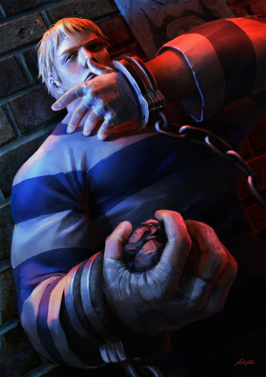 1boy against_wall bad_end bandages blonde_hair brick_wall cameo cassio_yoshiyaki cody_travers cuffs dutch_angle edi_e final_fight hand_wraps handcuffs hiding highres male_focus manly nose photorealistic police poster_(object) prison_clothes realistic rock solo street_fighter street_fighter_iv_(series) street_fighter_zero_(series) zangief