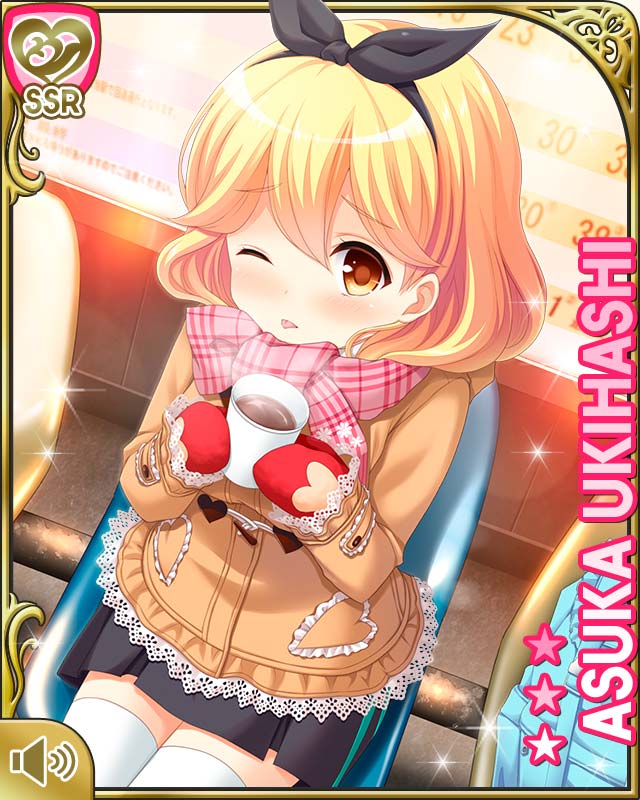 1girl backpack bag bench blonde_hair bow bowtie breasts brown_eyes card_(medium) coat cold day enpera girlfriend_(kari) grey_shirt grey_skirt hair_bow hot_chocolate looking_at_viewer medium_breasts mittens official_art one_eye_closed open_mouth orange_bow outdoors pink_scarf plaid_clothes plaid_scarf pleated_skirt qp:flapper red_mittens scarf school_uniform shirt short_hair sitting skirt solo tagme thighhighs ukihashi_asuka white_thighhighs winter_clothes winter_coat zettai_ryouiki