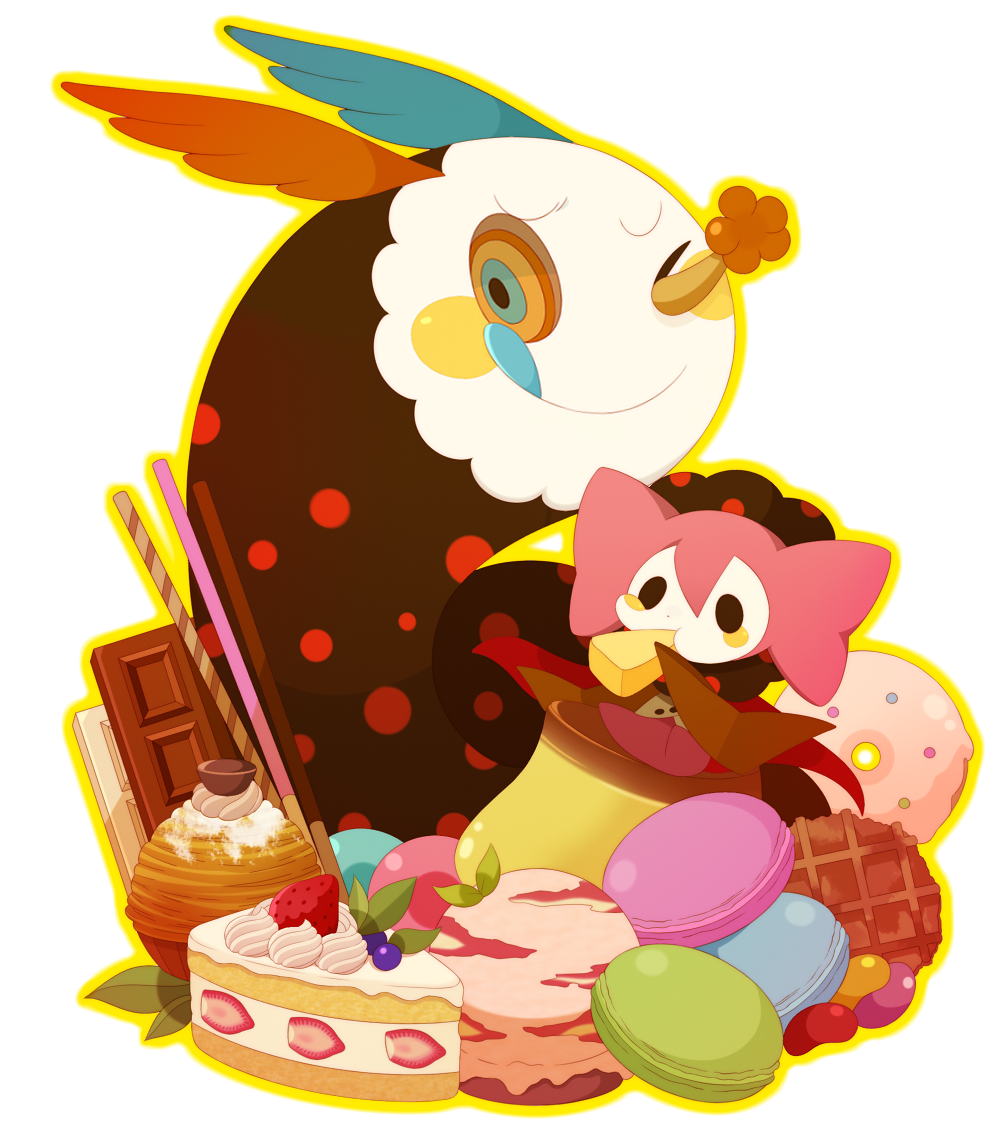 10s cake charlotte_(madoka_magica) cheese chocolate eating food kashiri_kurosuke mahou_shoujo_madoka_magica mahou_shoujo_madoka_magica_(anime) monster multicolored_eyes no_humans sweets tongue