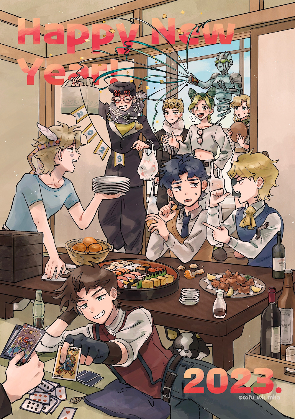 2023 2girls 6+boys :d ace_(playing_card) ace_of_hearts alcohol ascot bag belt black_gloves black_hair black_jacket black_pants blonde_hair blue_eyes blue_pants blue_shirt blush bottle bowl breath brown_belt brown_hair brown_sweater_vest caesar_anthonio_zeppeli card casual chicken_(food) closed_eyes cone_hair_bun confetti cropped_shirt cushion dio_brando dog double_bun earrings elbow_rest eyewear_hang feather_hair_ornament feathers fingerless_gloves fish_(food) food fried_chicken fruit fruit_bowl giorno_giovanna gloves green_eyes grin gunkanmaki hair_bun hair_ornament hand_in_pocket happy_new_year headband heart higashikata_josuke highres holding holding_card holding_party_popper holding_plate hoop_earrings iggy_(jojo) indoors jacket jewelry jojo_no_kimyou_na_bouken joker_(playing_card) jonathan_joestar joseph_joestar joseph_joestar_(young) kneeling kujo_holy kuujou_jolyne long_hair long_sleeves looking_at_another lying mandarin_orange multicolored_hair multiple_boys multiple_girls new_year nigirizushi on_side one_eye_closed open_mouth orange_(fruit) orange_headband orange_peel orange_slice pants party_popper pastry_box peace_symbol pillow plastic_bag plate playing_card pointing pointing_at_another pompadour purple_headband red-framed_eyewear red_sweater_vest ring sashimi scarf shirt short_hair short_sleeves sitting six_of_diamonds six_of_hearts sliding_doors smile soda_bottle soy_sauce soy_sauce_bottle stand_(jojo) stone_free streamers sushi suspenders sweat sweater_vest table tatami three_of_clubs three_of_diamonds tofu_wk_mha two-tone_hair two_of_clubs two_of_hearts unworn_eyewear white_scarf white_shirt wine_bottle wristband yellow_ascot yellow_shirt zabuton