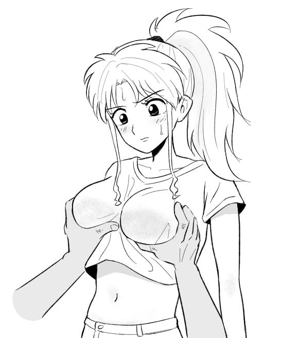 1boy 1girl ao_ringo_(uzf4k3uxa4l8qtc) blush botan_(yu_yu_hakusho) breasts collarbone crop_top dark-skinned_male dark_skin disembodied_hand grabbing_another&#039;s_breast greyscale groping hetero large_breasts lineart looking_at_another medium_hair midriff monochrome navel pants ponytail pov pov_hands shirt short_sleeves sweat t-shirt tareme upper_body yuu_yuu_hakusho