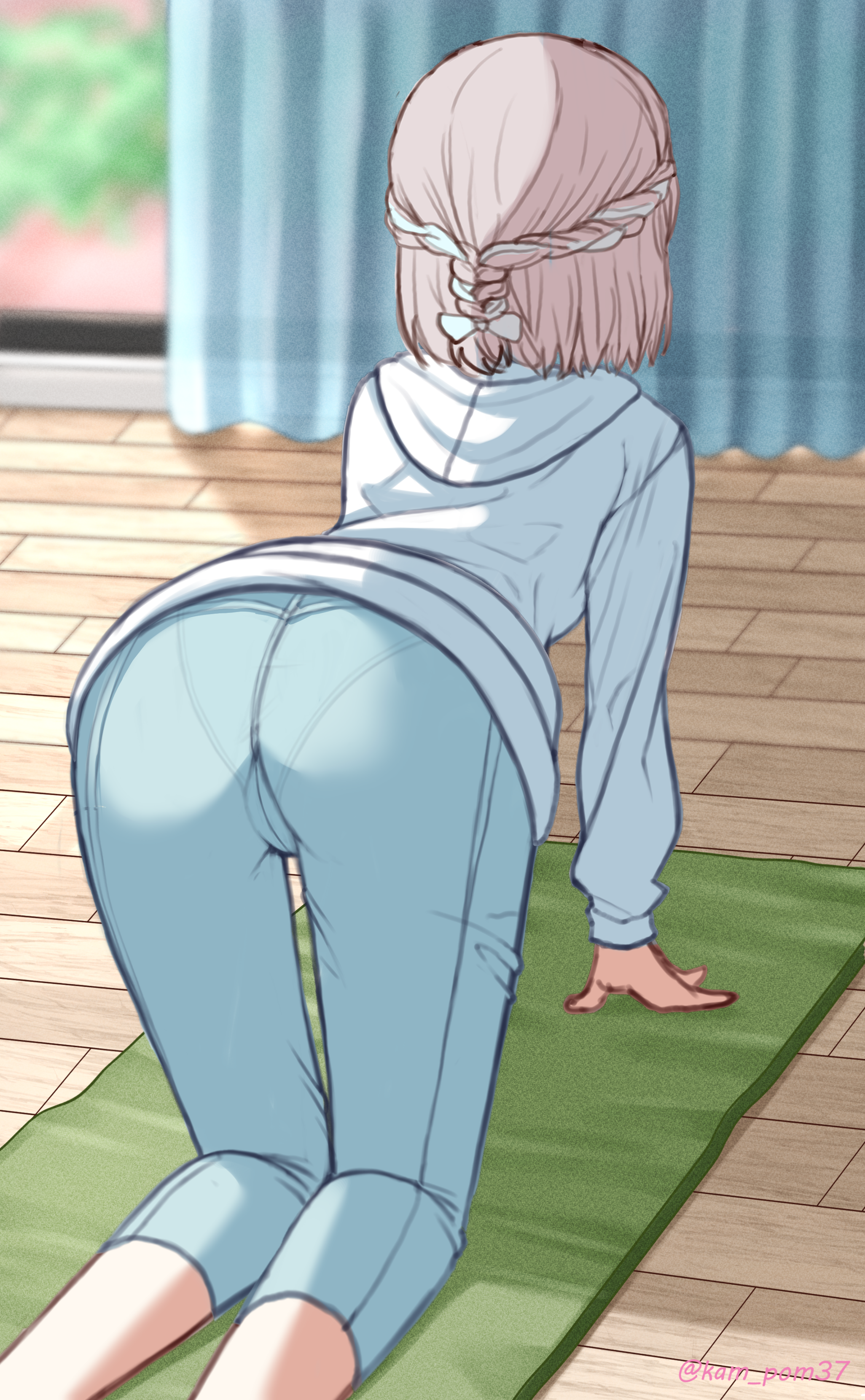1girl absurdres all_fours aqua_leggings ass blue_ribbon blurry blurry_background braid curtains facing_away feet_out_of_frame gakuen_idolmaster grey_hair hair_ribbon half_up_braid highres hood hoodie idolmaster indoors katsuragi_lilja long_sleeves mat pantylines ribbon ribbon_braid short_hair solo twitter_username white_hoodie wooden_floor yugao_(kam_pom37)