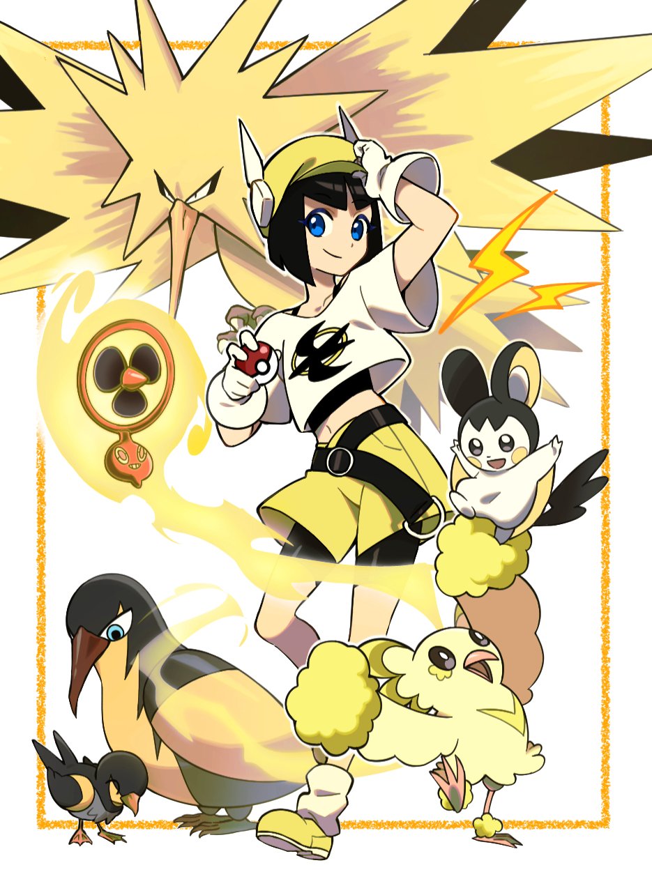 1girl digimon digimon_(creature) digua92537359 emolga gen_1_pokemon gen_4_pokemon gen_5_pokemon gen_7_pokemon hat highres kilowattrel legendary_pokemon looking_at_viewer nintendo oricorio oricorio_(pom-pom) personification pokemon rotom rotom_(fan) sparrowmon wattrel wings zapdos