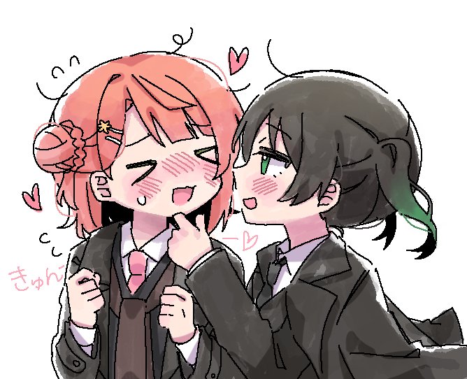 &gt;_&lt; 2girls :3 :d black_hair black_jacket black_necktie blunt_bangs blush bun_with_braided_base collared_shirt commentary_request dress_shirt facing_another flying_sweatdrops gradient_hair green_eyes green_hair hair_between_eyes hair_bun hair_ornament hairclip half_updo heart jacket jacket_on_shoulders jitome korean_commentary long_sleeves looking_at_another loose_hair_strand love_live! love_live!_nijigasaki_high_school_idol_club medium_hair metametmonmong multicolored_hair multiple_girls necktie nose_blush open_mouth pink_hair pink_necktie profile raised_inner_eyebrows shirt single_side_bun smile suit_jacket swept_bangs takasaki_yu twintails two-tone_hair uehara_ayumu upper_body white_shirt x3 xd yuri