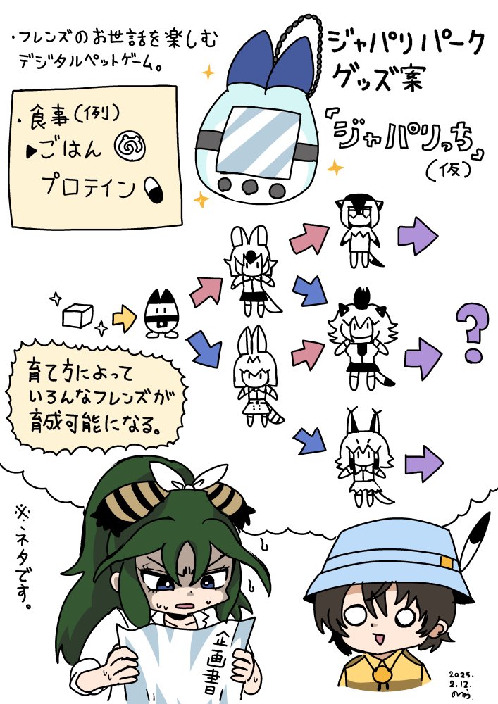 1boy 1girl ? animal_ears blueprint_(object) bow bucket_hat captain_(kemono_friends) caracal_(kemono_friends) cat_ears cat_girl cat_tail dhole_(kemono_friends) dog_ears dog_girl dog_tail extra_ears green_hair hair_bow hat hat_feather high_ponytail jacket japari_symbol kako_(kemono_friends) kemono_friends kemono_friends_3 lab_coat lion_(kemono_friends) lion_ears lion_girl lion_tail lucky_beast_(kemono_friends) meerkat_(kemono_friends) meerkat_ears meerkat_tail noda_ryo pill ponytail safari_jacket serval_(kemono_friends) shirt sweatdrop tail tamagotchi tamagotchi_(classic) tamagotchi_(virtual_pet) virtual_pet_(toy)