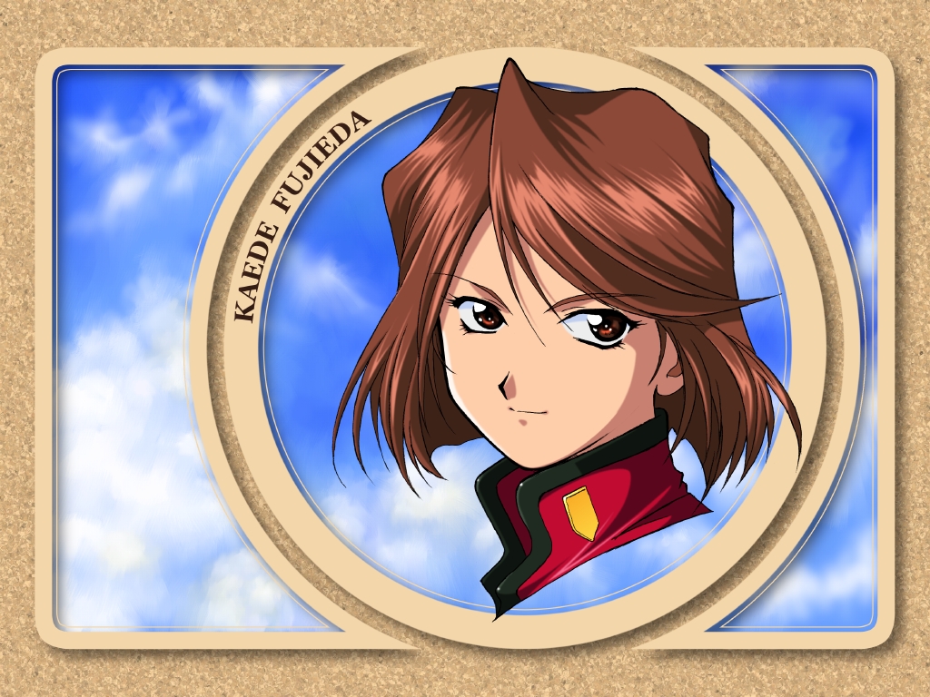 1girl abstract_background black_outline blue_sky bob_cut border brown_border brown_eyes character_name closed_mouth cloud cloudy_sky collar english_text fujieda_kaede hair_between_eyes high_collar light_brown_hair looking_at_viewer non-web_source official_art official_wallpaper outline parted_lips portrait red_collar sakura_taisen sakura_taisen_ii sega short_hair simple_background sky smile solo yamaguchi_yasushi