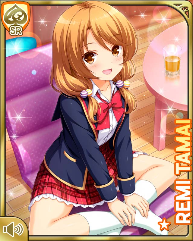 1girl :d bedroom blazer blue_jacket bow bowtie brown_eyes brown_hair card_(medium) day girlfriend_(kari) jacket looking_at_viewer low_twintails official_art open_clothes open_jacket open_mouth outdoors plaid_clothes plaid_skirt pleated_skirt qp:flapper red_bow red_skirt school_uniform shirt sitting skirt smile socks solo table tagme tamai_remi twintails white_shirt