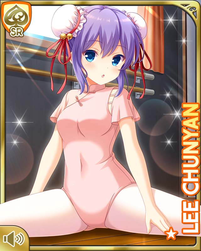 1girl :o ballet blue_eyes card_(medium) character_name chunyan_lee day double_bun girlfriend_(kari) hair_bun indoors leotard official_art open_mouth pink_leotard purple_hair qp:flapper sitting tagme