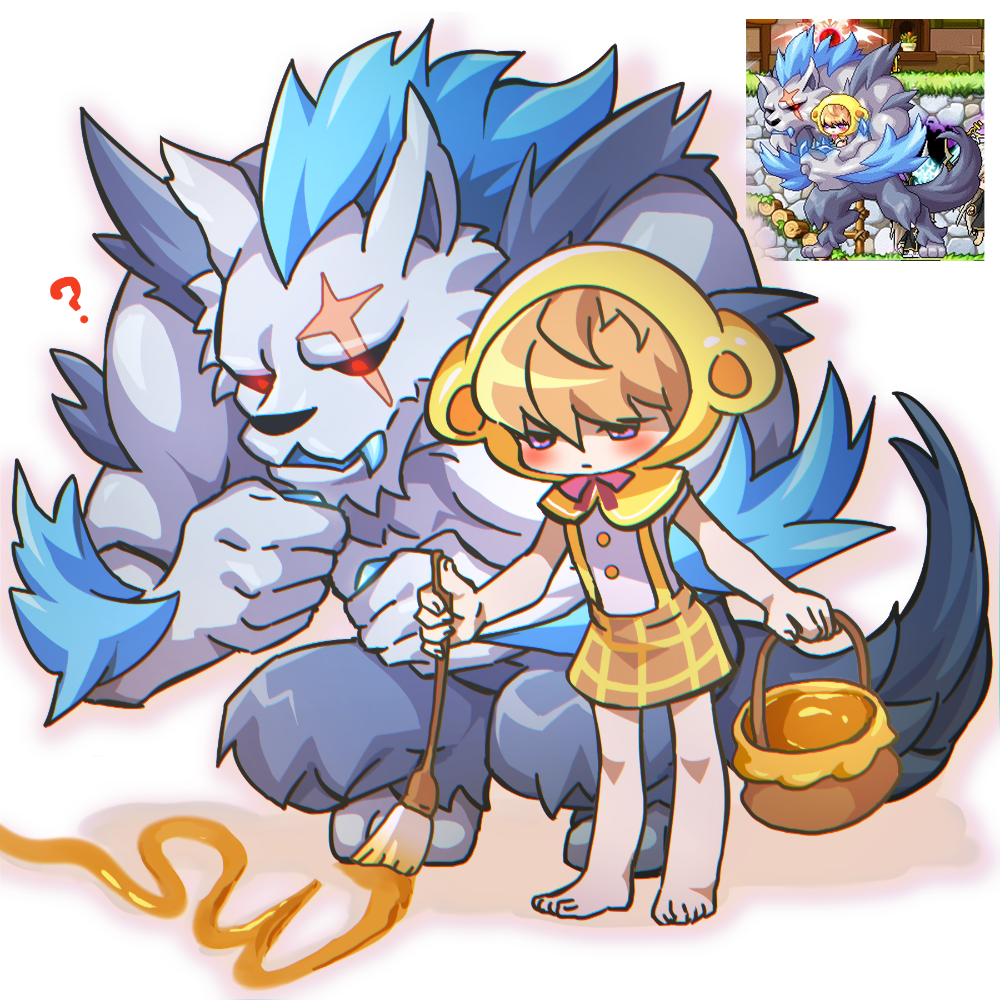 ? animal_ears bare_arms barefoot basket black_sclera blush brown_hair brown_skirt capelet character_request closed_mouth colored_sclera fake_animal_ears hair_over_eyes holding holding_basket holding_paintbrush honey hood hooded_capelet leafwow maplestory monster paintbrush purple_eyes red_eyes reference_inset scar scar_across_eye scar_on_face shirt skirt sleeveless sleeveless_shirt suspender_skirt suspenders white_background white_shirt yellow_capelet