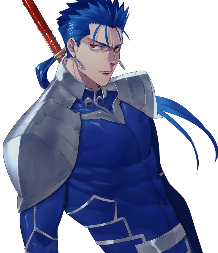 1boy armor blue_bodysuit blue_hair bodysuit covered_abs cu_chulainn_(fate) cu_chulainn_(fate/stay_night) earrings fate/stay_night fate_(series) holding_behind_back holding_polearm holding_polearm_behind_back holding_weapon holding_weapon_behind_back ichimatsuinfo jewelry male_focus polearm ponytail red_eyes serious shoulder_armor solo toned toned_male upper_body v-shaped_eyebrows weapon