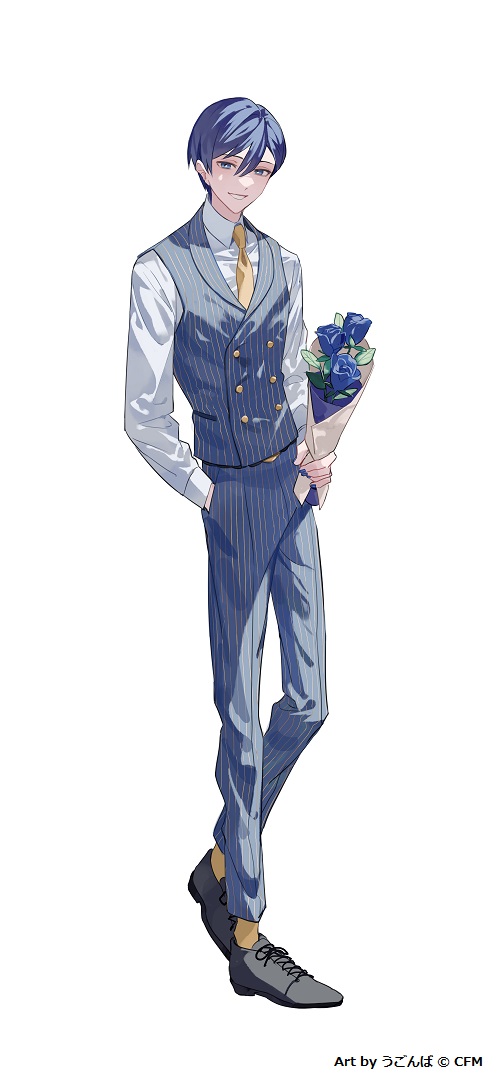 1boy artist_name black_footwear blue_eyes blue_flower blue_hair bouquet collared_shirt copyright_notice flower grey_pants grey_vest grin hair_between_eyes hand_in_pocket holding holding_bouquet kaito_(vocaloid) male_focus necktie official_art pants shirt shoelaces simple_background smile socks solo striped_clothes striped_pants striped_vest tachi-e teeth ugonba_(howatoro) vest vocaloid white_background white_shirt yellow_necktie yellow_socks