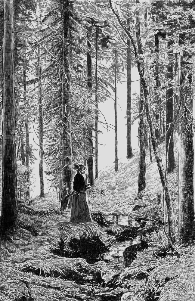 1boy beard commentary facial_hair forest grass greyscale hakama hashtag-only_commentary japanese_clothes katana male_focus miyamoto_musashi_(vagabond) monochrome nature nnsee_d sheath sheathed solo stream sword tree vagabond weapon