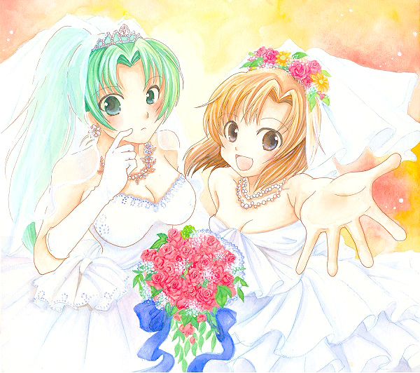 00s 2girls bad_id bad_pixiv_id blue_eyes bouquet bridal_veil bride brown_hair dress flower foreshortening gintarou_(puipuiginta) gloves green_eyes green_hair hair_ornament higurashi_no_naku_koro_ni jewelry long_hair multiple_girls necklace ponytail ryuuguu_rena short_hair sonozaki_mion tiara veil wedding_dress