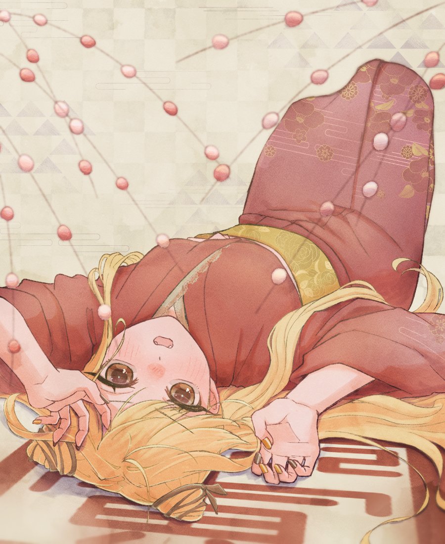 1girl blonde_hair brown_kimono claw_pose cone_hair_bun egasumi fangs floral_print hair_bun inda_karane japanese_clothes kimi_no_koto_ga_dai_dai_dai_dai_daisuki_na_100-nin_no_kanojo kimono knees_up light_blush long_hair lying multicolored_nails obi oknomyk on_back sash solo yellow_eyes