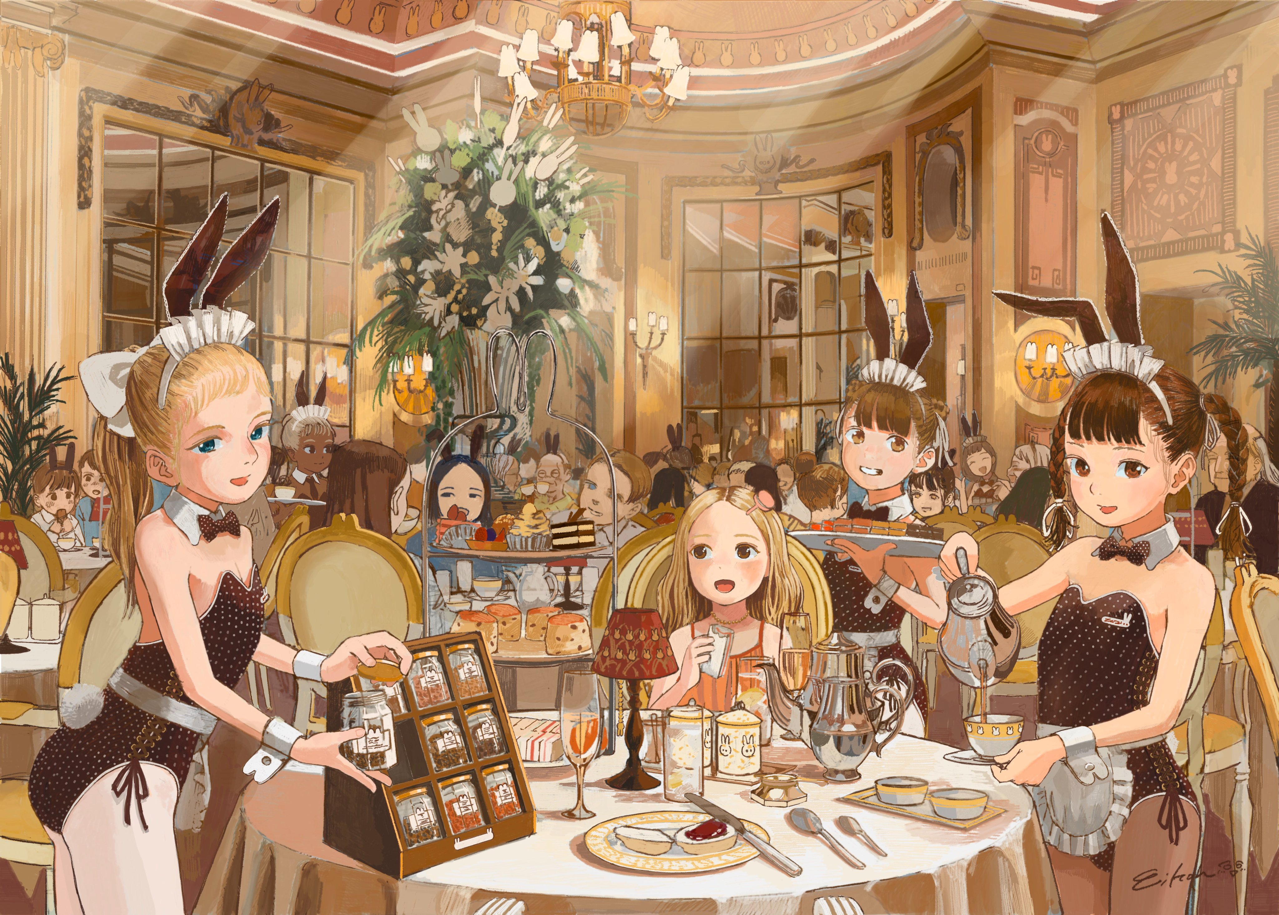absurdres animal_ears blonde_hair blue_eyes bow bowtie braid brown_eyes brown_hair cake cup detached_collar eikoh food highres indoors jam lamp leotard looking_at_viewer looking_to_the_side maid_headdress multiple_boys multiple_girls name_tag open_mouth original pantyhose playboy_bunny pouring rabbit_ears signature sitting smile standing table tea teacup teapot twintails