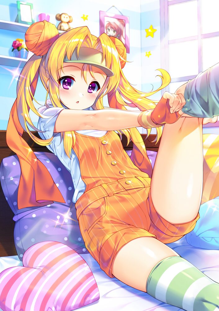 1girl alternate_costume blonde_hair blouse blue_shirt bucchake_(asami) commentary_request contemporary cropped_legs day double_bun female_focus fingerless_gloves flower glint gloves hair_between_eyes hair_bun hair_intakes heart heart-shaped_pillow hide_yoshino indoors leg_lift looking_at_viewer oda_nobunaga_(sengoku_otome) on_bed orange_overalls overalls photo_(object) picture_frame pillow polka_dot_pillow purple_eyes sengoku_otome shelf shirt short_sleeves sitting solo sparkle star_(symbol) striped_clothes striped_overalls striped_pillow striped_thighhighs stuffed_monkey sunlight thighhighs thighhighs_pull thighs triangle_mouth twintails visor_cap white_shirt window