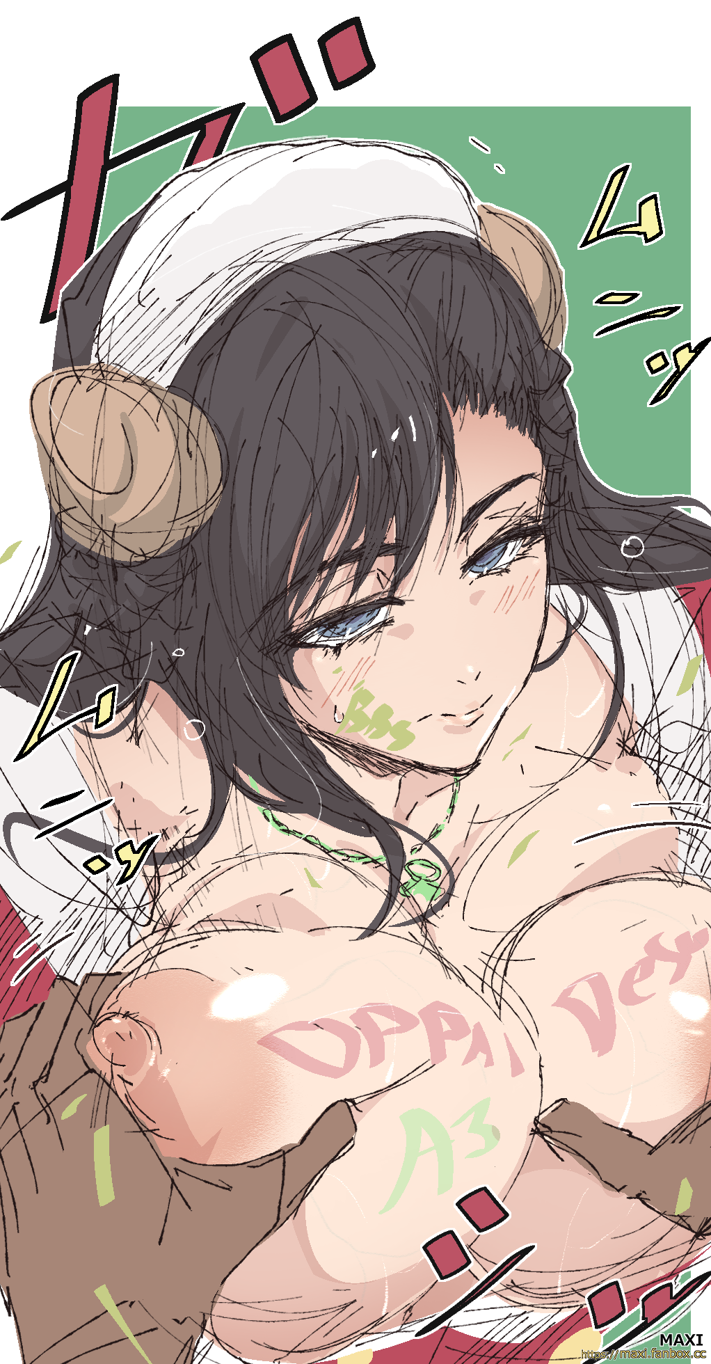 1boy 1girl artist_name black_hair bleach bleach:_brave_souls blue_eyes border breast_fondling breasts breasts_out burn_the_witch capelet christmas closed_mouth collarbone dark-skinned_male dark_skin groping highres japanese_text jewelry large_breasts looking_at_viewer maxi necklace niihashi_noel nipples official_alternate_costume pov red_capelet simple_background text_focus translation_request white_border writing_on_breasts writing_on_face