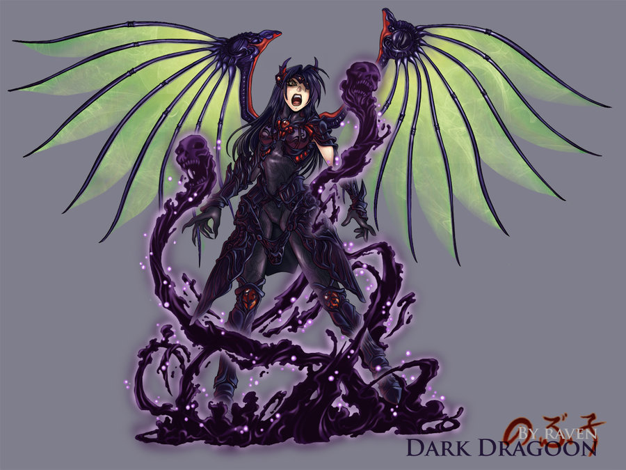 1girl armor aura bone breasts claws eyepatch female_focus ghost gloves groin headgear lipstick long_hair makeup marci_miller md5_mismatch medium_breasts open_mouth original purple_hair ravenousdarkhart rose_(dragoon) signature skull solo soul spandex teeth the_legend_of_dragoon tongue watermark wings