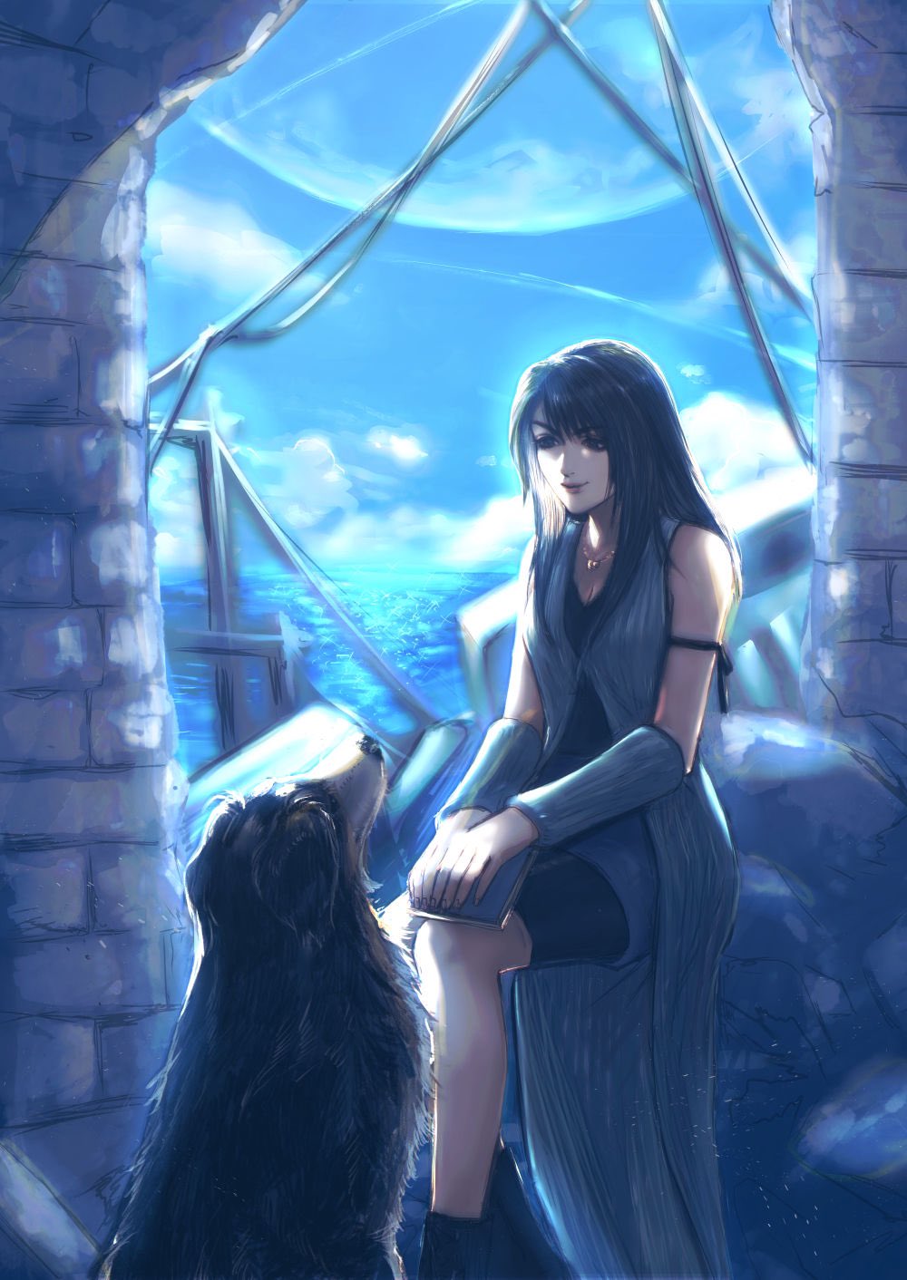 1girl angelo_(ff8) arm_warmers black_hair breasts closed_mouth cloud commentary dog english_commentary feet_out_of_frame final_fantasy final_fantasy_viii highres jewelry long_hair necklace noie_(neunteedelstein) rinoa_heartilly sitting sleeveless_duster smile