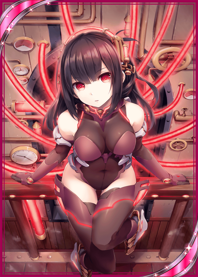 1girl against_railing akkijin black_thighhighs bodysuit brown_hair cable card_(medium) covered_collarbone engine female_focus from_above full_body gauge glint glowing hair_between_eyes halterneck head_tilt legs_together leotard looking_at_viewer machinery mecha_musume neon_trim official_art parted_bangs railing red_eyes shinkai_no_valkyrie sitting skin_tight solo sparkle thighhighs