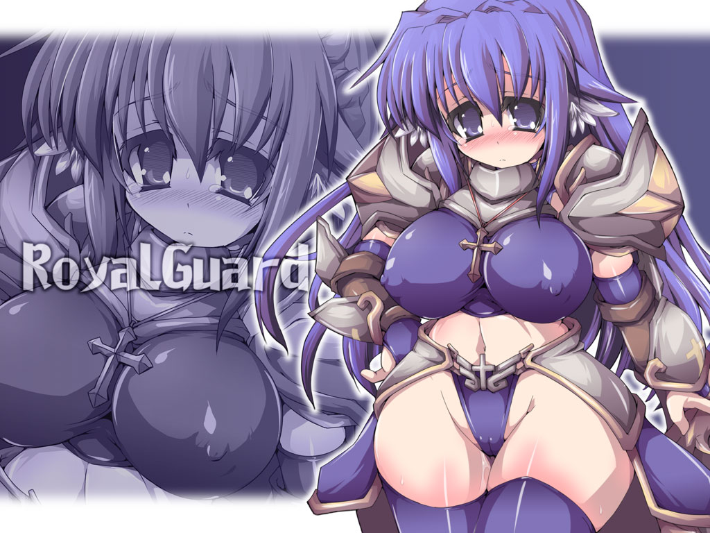 1girl armor bikini bikini_armor blush breasts cameltoe character_name closed_mouth commentary_request covered_erect_nipples cowboy_shot cross cross_necklace elbow_gloves faulds fingerless_gloves frown gloves groin jewelry large_breasts long_hair looking_at_viewer navel necklace nose_blush pauldrons purple_bikini purple_eyes purple_gloves purple_hair purple_thighhighs ragnarok_online rakuma_kanori royal_guard_(ragnarok_online) shoulder_armor solo swimsuit tearing_up thighhighs zoom_layer