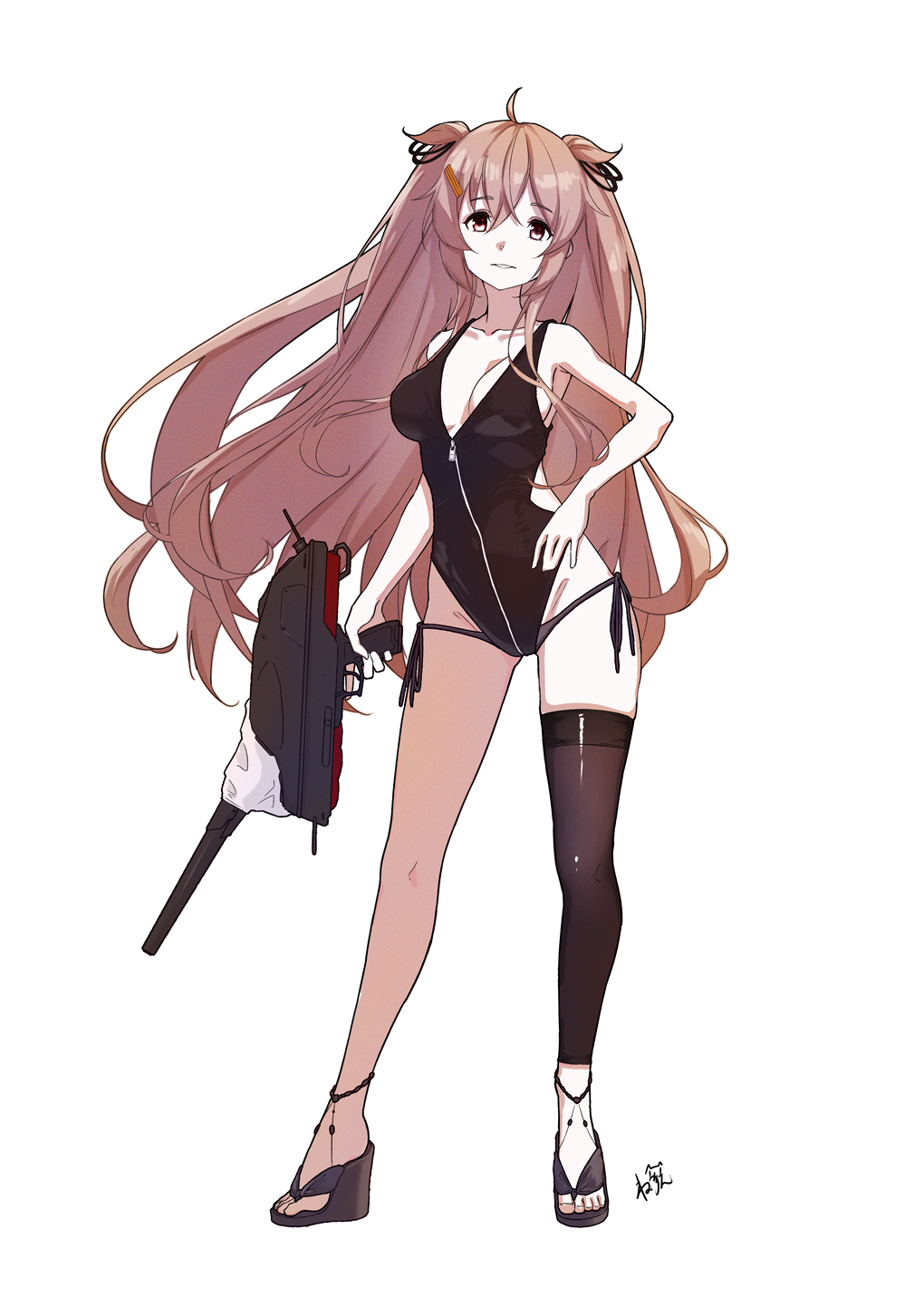1girl adapted_turret black_one-piece_swimsuit black_thighhighs breasts brown_hair casual_one-piece_swimsuit cleavage full_body hand_on_own_hip highres kantai_collection long_hair medium_breasts murasame_(kancolle) murasame_kai_ni_(kancolle) neve_(morris-minicooper) one-piece_swimsuit platform_shoes side-tie_one-piece_swimsuit simple_background single_thighhigh solo swimsuit thighhighs two_side_up white_background