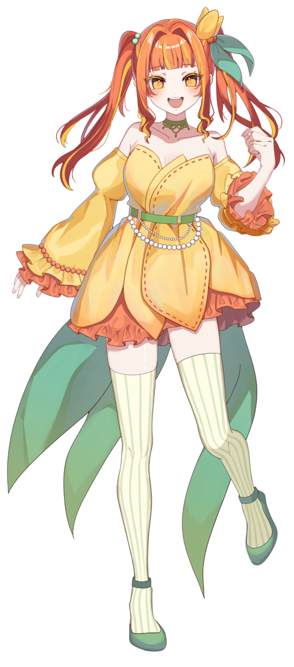 1girl :d akina_petals belt blonde_hair blush bond_en bondlive breasts choker colored_eyelashes detached_sleeves dress flower frilled_sleeves frills full_body green_belt green_choker green_shoes green_thighhighs hair_flower hair_intakes hair_ornament highres leg_up looking_at_viewer multicolored_hair official_art open_mouth orange_hair shoes simple_background smile solo streaked_hair striped_clothes striped_thighhighs teeth thighhighs tongue transparent_background twintails two-tone_hair upper_teeth_only virtual_youtuber yellow_dress yellow_eyes yellow_flower yellow_sleeves