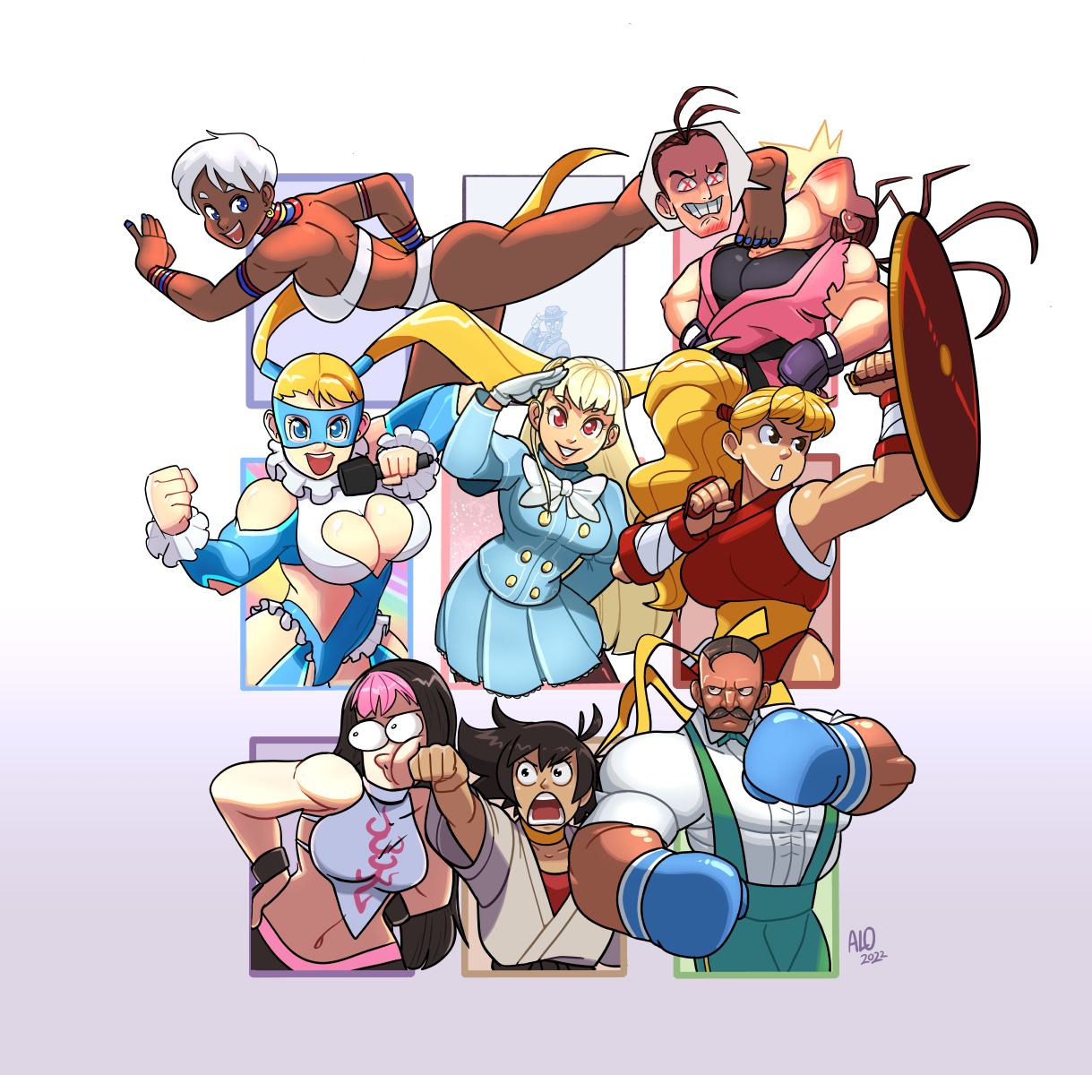 2boys 6+girls breasts capcom dark-skinned_female dark_skin dudley elena_(street_fighter) final_fight final_fight_2 genryuusai_maki han_juri hibiki_dan highres ingrid_(capcom) large_breasts makoto_(street_fighter) medium_breasts multiple_boys multiple_girls phons0 rainbow_mika street_fighter tagme