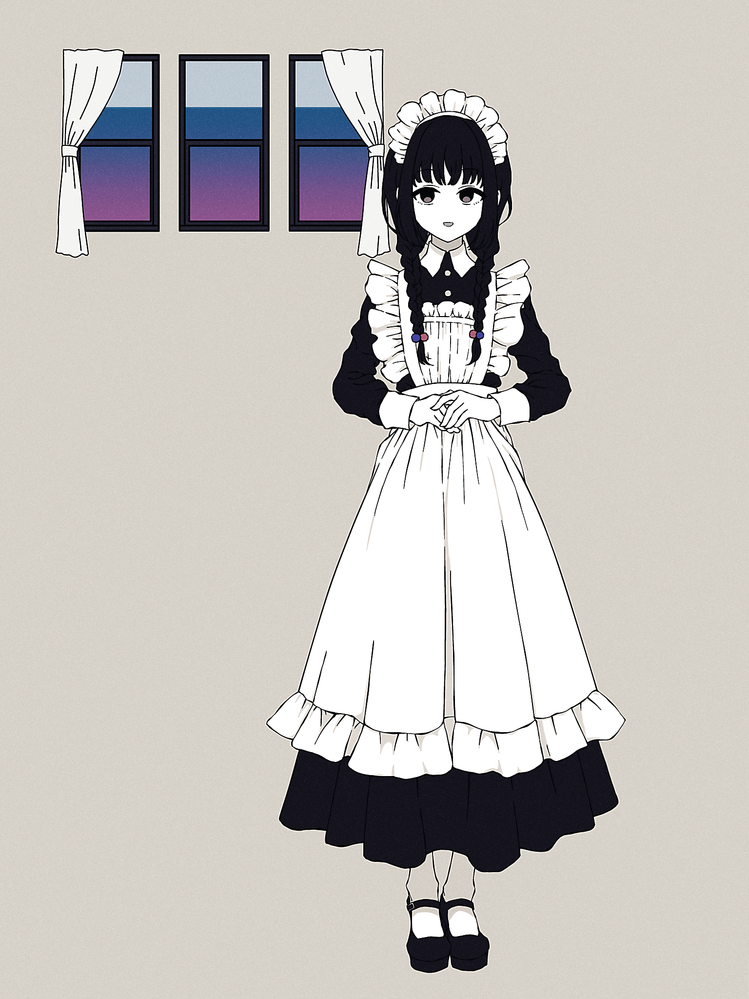 1girl :d amemori_sayo apron beads black_dress black_eyes black_hair black_shoes braid collared_dress curtains dress frilled_apron frills full_body grey_background hair_beads hair_ornament highres knees_apart_feet_together limited_palette long_dress long_hair long_sleeves looking_at_viewer low_twin_braids maid maid_headdress nijisanji nkymyura open_mouth own_hands_together shoes sleeve_cuffs smile solo straight-on twin_braids virtual_youtuber white_apron window wispy_bangs