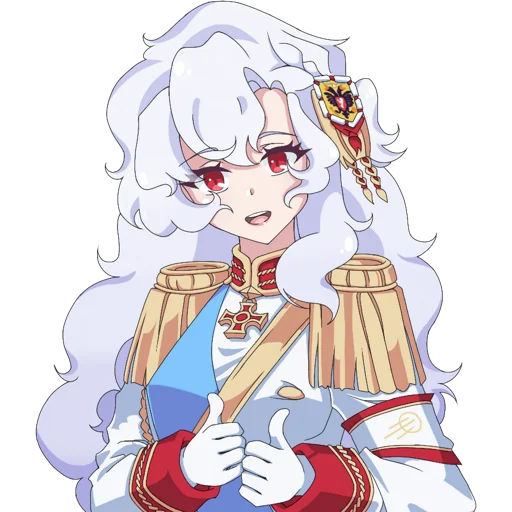 1girl aiguillette alpha_(alpha_1918) armband blue_sash buttons collar cross cross_pendant epaulettes findoworld fluffy fluffy_hair gloves gold_buttons gold_trim hair_ornament lips long_hair looking_at_viewer meme military military_uniform open_mouth original pink_lips putin_thumbs_up_(meme) red_eyes red_sleeve_cuffs russian_empire sash sleeve_cuffs solo sticker teeth tongue transparent transparent_background upper_teeth_only very_long_hair white_gloves white_hair