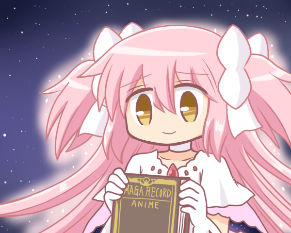 1girl bad_id bad_twitter_id book bow choker dress gloves glowing hair_bow holding holding_book kaname_madoka long_hair magia_record:_mahou_shoujo_madoka_magica_gaiden magical_girl mahou_shoujo_madoka_magica pink_hair reverse_(bluefencer) smile solo space two_side_up typo ultimate_madoka white_gloves yellow_eyes