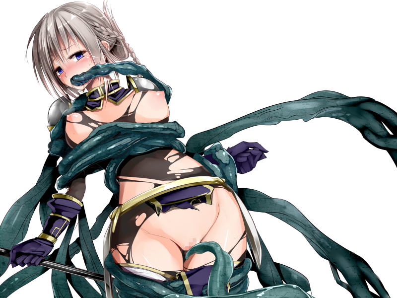 1girl 73gou_koudou blush braid breasts censored female_focus game_cg gloves grey_hair kappamaru lilitales mosaic_censoring nipples purple_eyes purple_gloves pussy simple_background solo tentacles torn_clothes