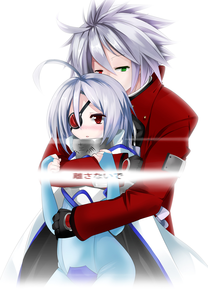 1boy 1girl ahoge arc_system_works art_is_de4d blazblue blush braid bridal_gauntlets cape eyepatch fingerless_gloves gloves green_eyes height_difference hetero heterochromia hug hug_from_behind huge_ahoge long_hair nu-13 ragna_the_bloodedge red_eyes silver_hair single_braid spiked_hair unitard
