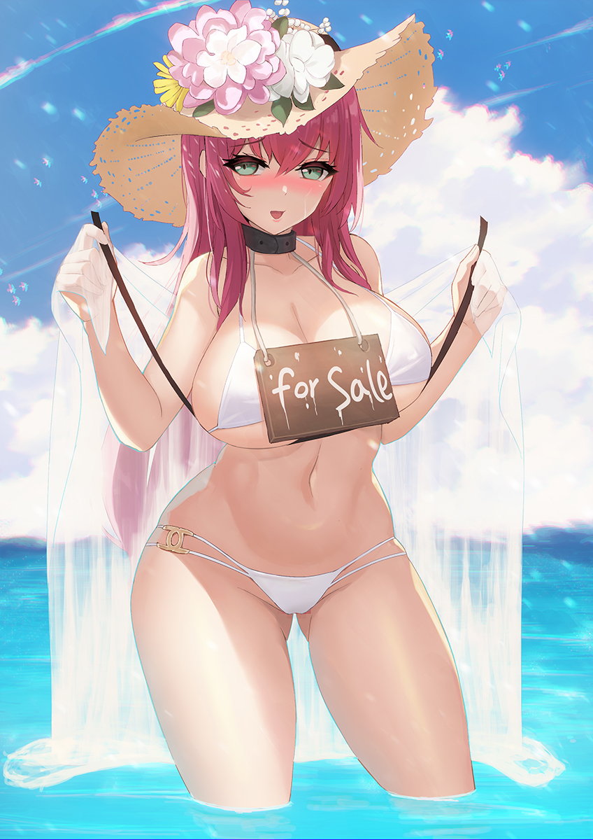 1girl :d azur_lane bare_shoulders bikini black_collar blue_sky blush breasts cleavage cloud collar collarbone commentary_request cowboy_shot day flower gluteal_fold green_eyes groin hair_between_eyes hat hat_flower highres holding_strap large_breasts long_hair looking_at_viewer multi-strapped_bikini navel nose_blush ocean official_alternate_costume open_mouth outdoors paid_reward_available red_hair see-through_clothes sidelocks sky smile solo standing stomach straw_hat sun_hat surcouf_(azur_lane) surcouf_(loisirs_balneaires)_(azur_lane) swimsuit takibi_(tamikyo) underboob very_long_hair wading white_bikini