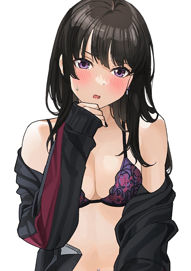 1girl black_hair black_jacket black_nails blush bra breasts cleavage collarbone commentary_request earrings floral_print jacket jewelry long_hair medium_breasts multicolored_jacket navel navel_piercing open_clothes open_jacket open_mouth original piercing purple_bra purple_eyes red_jacket solo straight_hair sweatdrop tipii two-tone_jacket underwear wavy_mouth