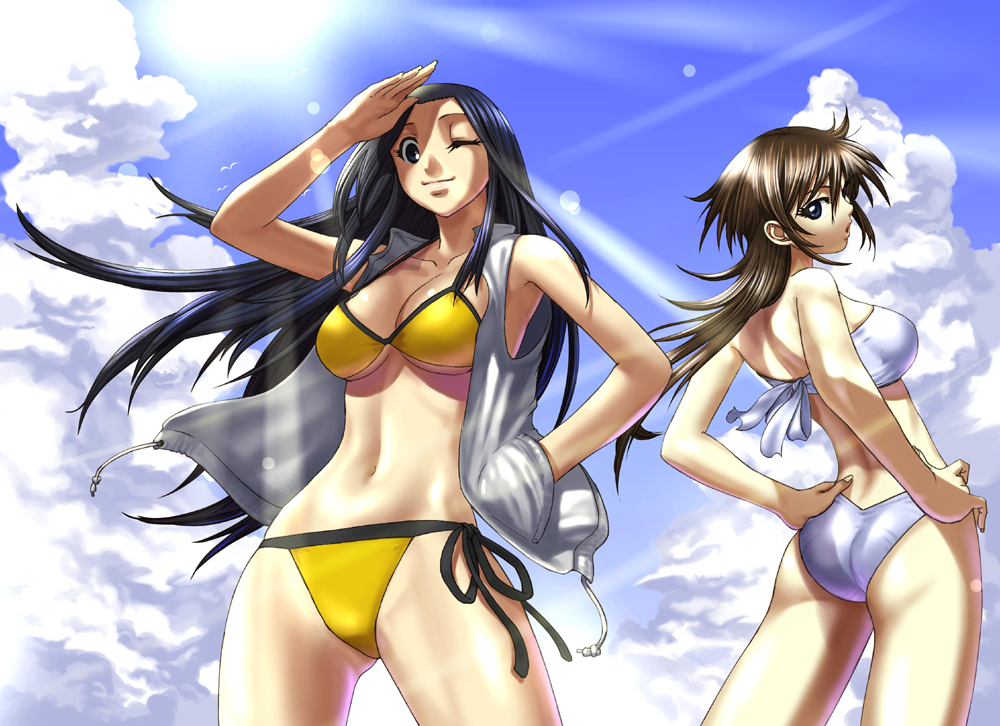 2girls ass bikini black_hair brown_hair cloud day grey_eyes kazue kodomo_moyou long_hair multiple_girls one_eye_closed shading_eyes sky source_request swimsuit wink