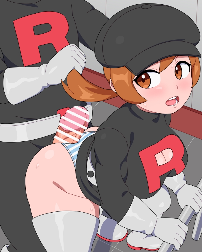 1boy 1girl ass bar_censor belt black_hat black_shirt black_skirt blue_panties blush boots breasts brown_eyes brown_hair buttjob buttjob_over_clothes censored cleavage cleavage_cutout clothes_lift clothing_cutout cosplay dot_nose eyelashes foot_out_of_frame from_above from_side gloves grey_belt grey_footwear grey_gloves hat hetero huge_ass indoors kabeume large_breasts leaning_forward legs_apart looking_at_another looking_back lyra_(pokemon) matching_hair/eyes medium_hair nintendo npc_trainer open_mouth panties penis pokemon pokemon_hgss shirt short_twintails skirt skirt_lift solo_focus standing striped_clothes striped_panties team_rocket team_rocket_grunt team_rocket_grunt_(cosplay) team_rocket_uniform teeth thigh_boots tongue twintails two-tone_panties underwear white_panties