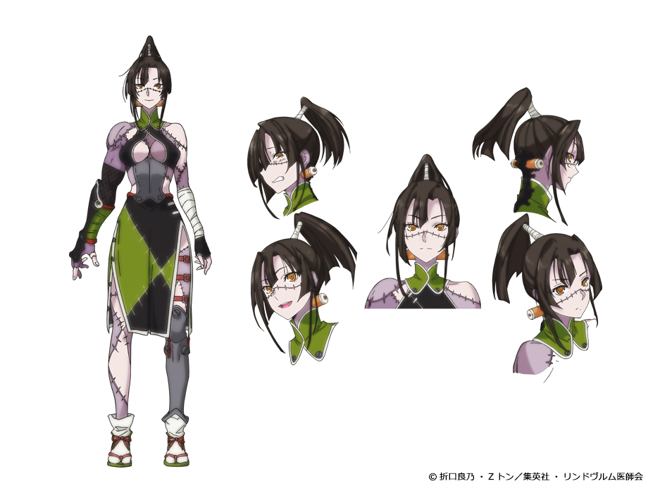 1girl asymmetrical_arms black_hair breasts cleavage_cutout clenched_teeth closed_mouth clothing_cutout colored_skin expression_chart full_body grey_skin high_ponytail japanese_clothes kunai_zenow looking_at_viewer medium_breasts monster_girl monster_musume_no_oisha-san multiple_views muscular muscular_female official_art open_mouth orange_eyes ponytail sandals scar scar_on_face scar_on_nose simple_background standing stitches tabi teeth white_background zombie